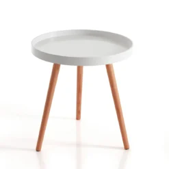 Kyra round tavolino in mdf lacccato bianco opaco e legno massello tinto rovere d49 h51 cm