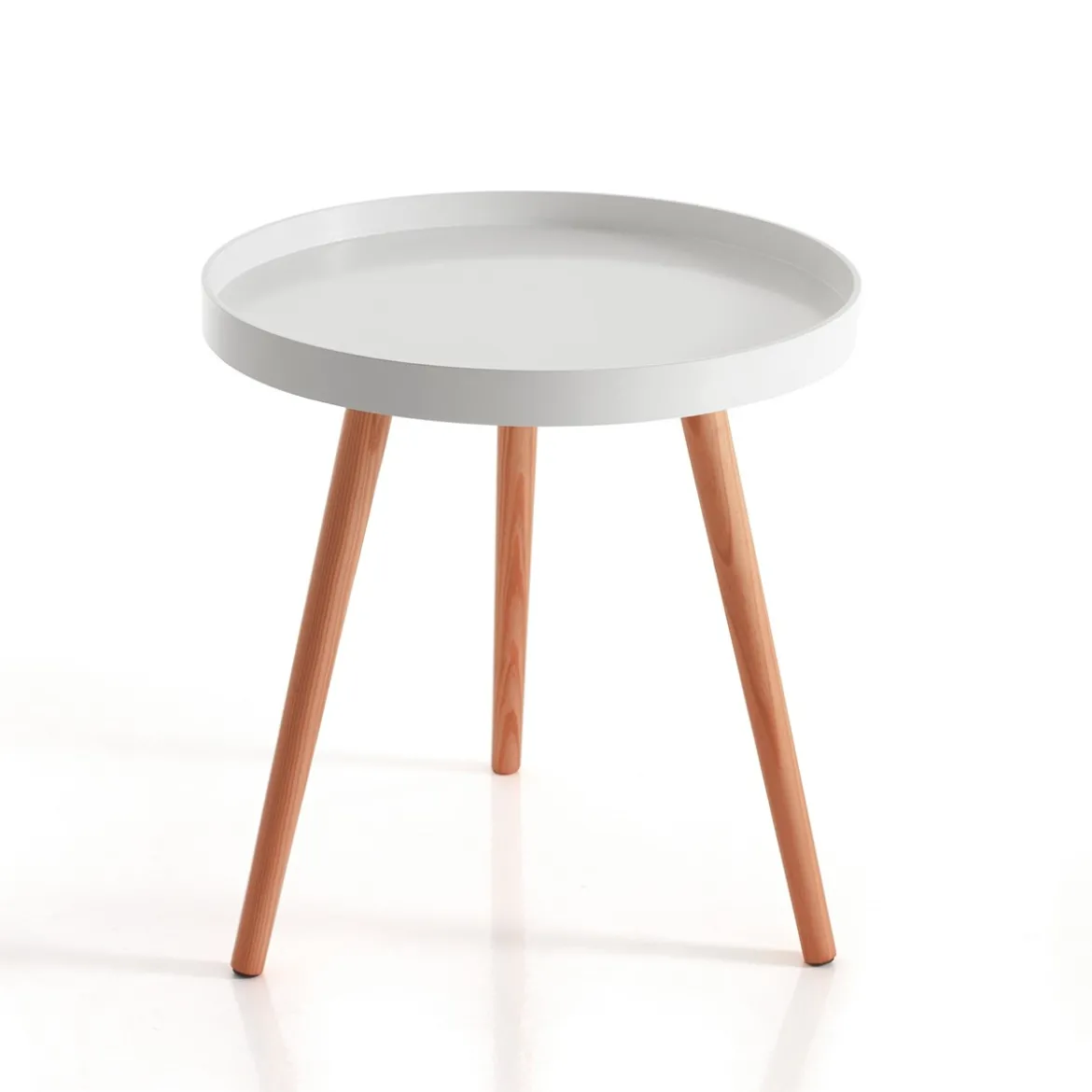 Kyra round tavolino in mdf lacccato bianco opaco e legno massello tinto rovere d49 h51 cm