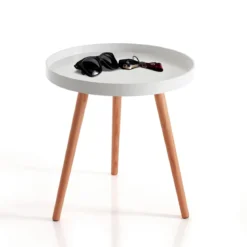 Kyra round tavolino in mdf lacccato bianco opaco e legno massello tinto rovere d49 h51 cm