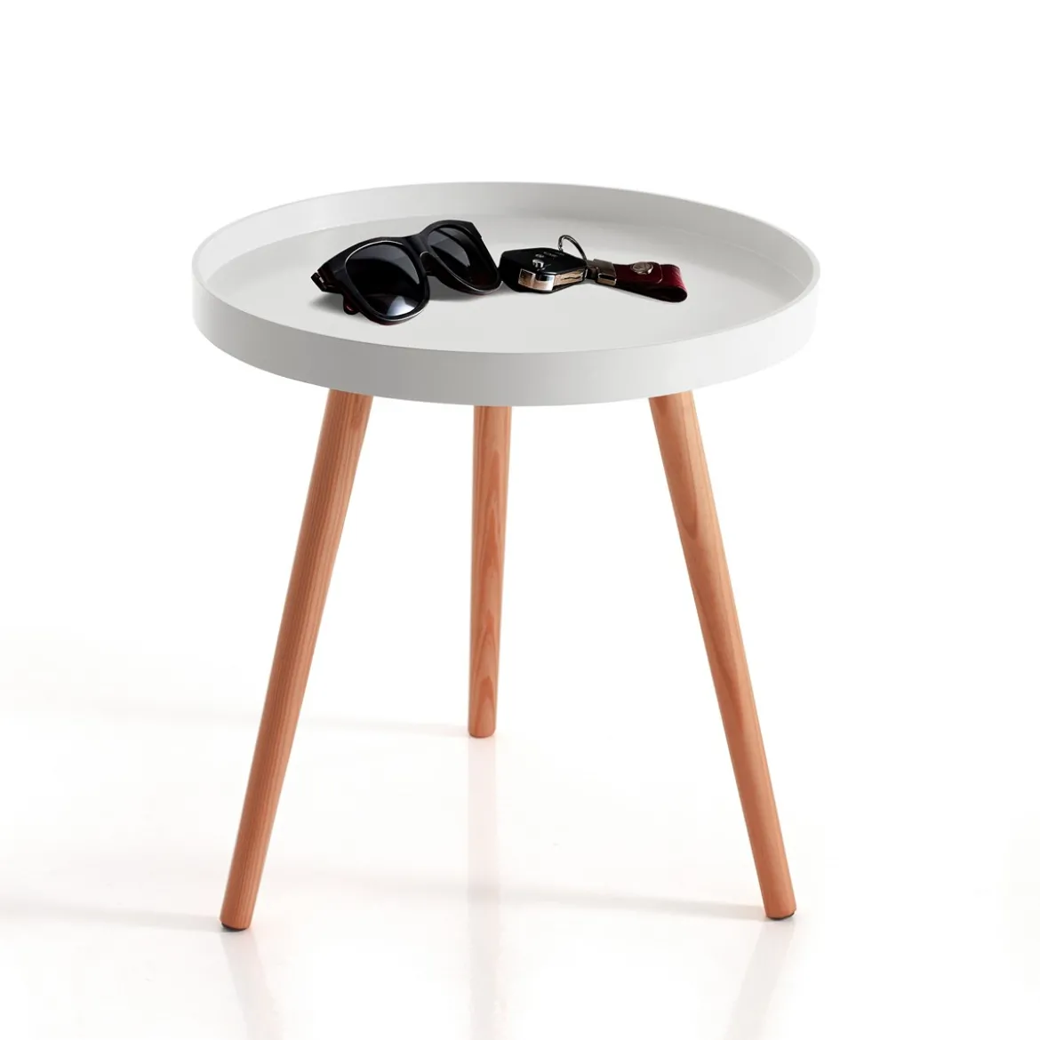Kyra round tavolino in mdf lacccato bianco opaco e legno massello tinto rovere d49 h51 cm
