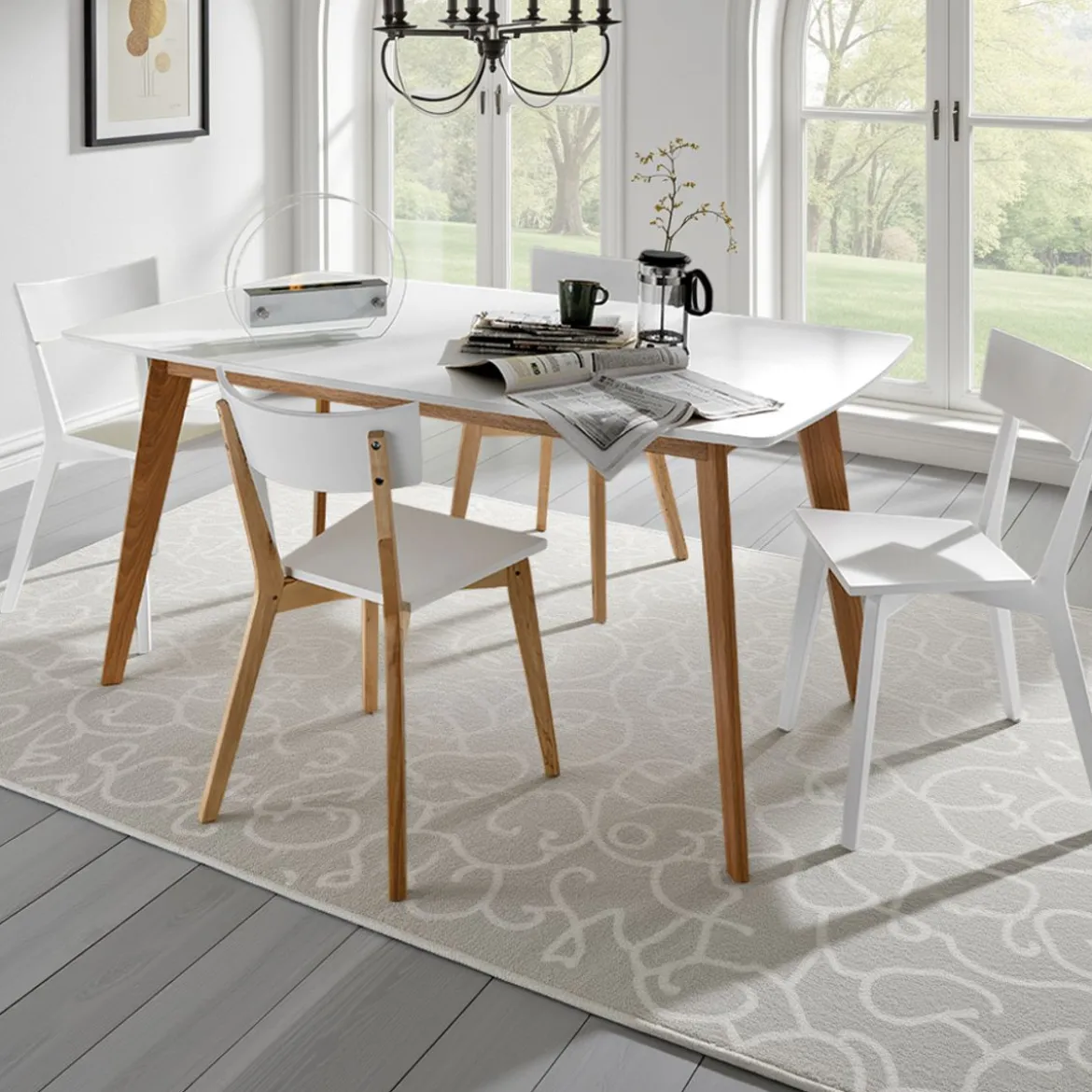 Kyra tavolo verniciato top bianco opaco e gambe in legno massello finitura rovere 160 x 90 cm