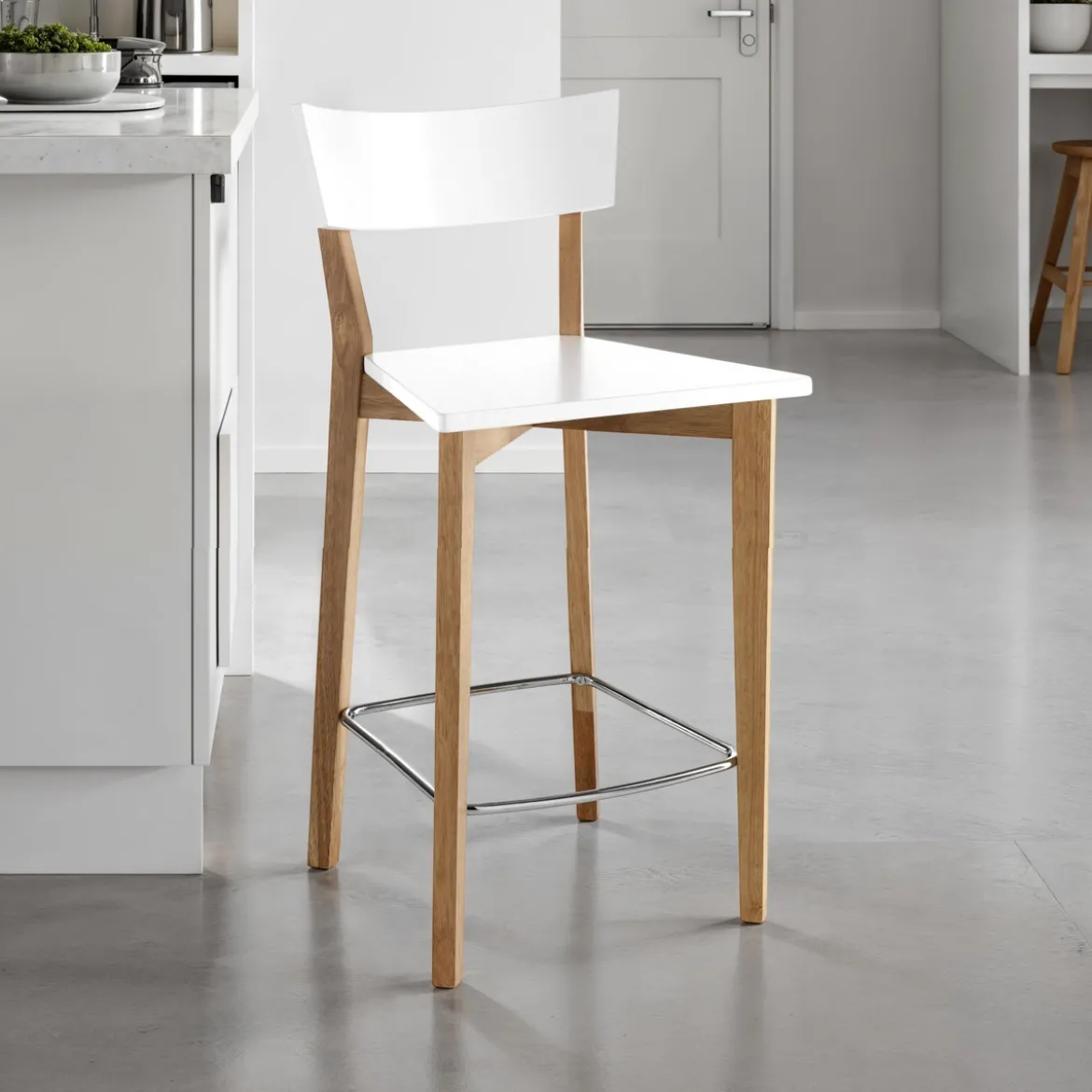 Kyra wood sgabello in legno massello laccato bianco opaco e tinto rovere 47x50xh94 cm