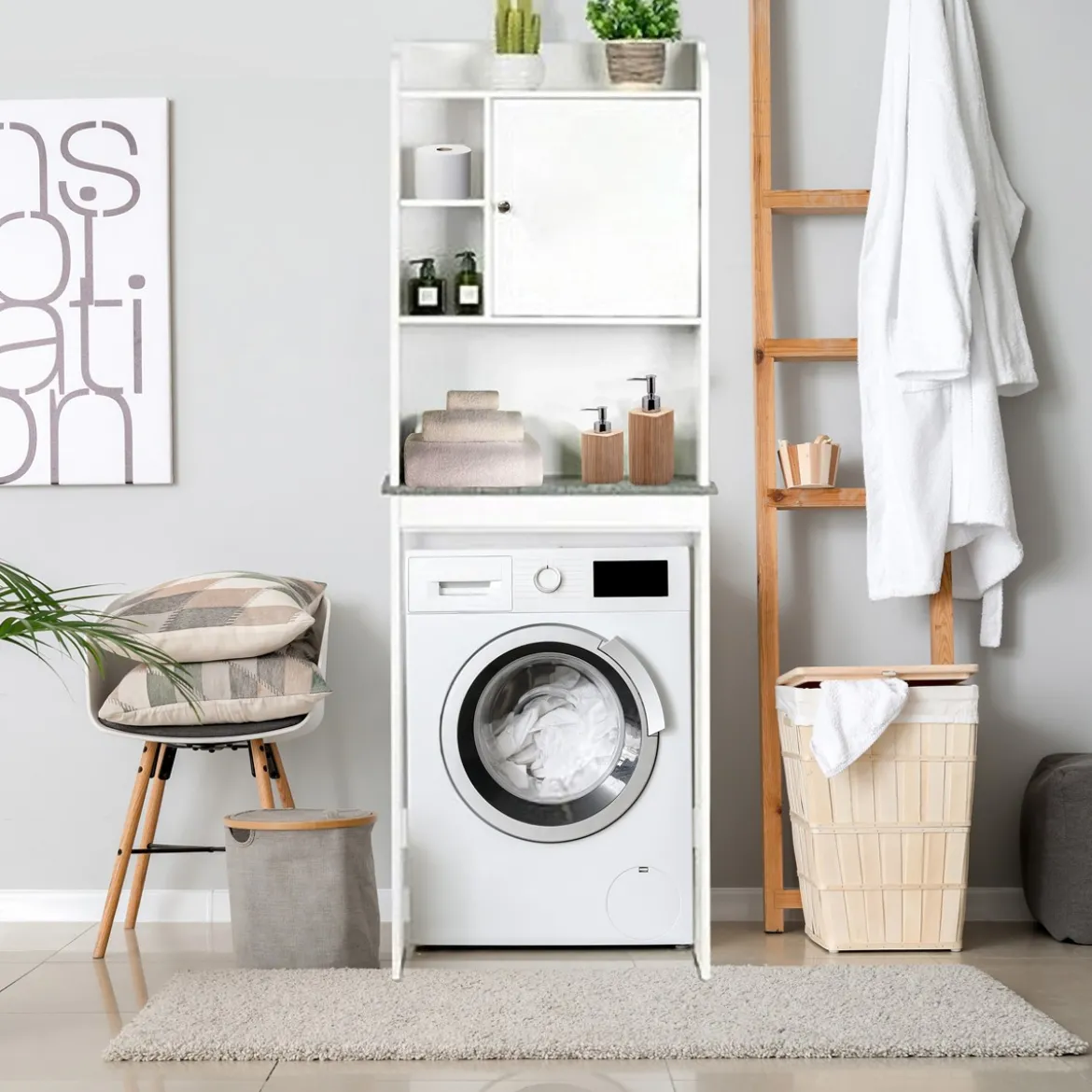Laundry-c mobile sopra lavatrice 1 anta e mensole finitura bianco frassino 58x19xh173 cm