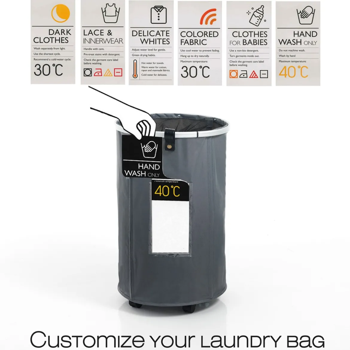 Laundry round cesto porta biancheria con maniglie e ruote in tessuto sintetico grigio chiaro d40xh65 cm