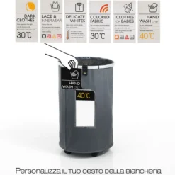 Laundry round cesto porta biancheria con maniglie e ruote in tessuto sintetico grigio chiaro d40xh65 cm