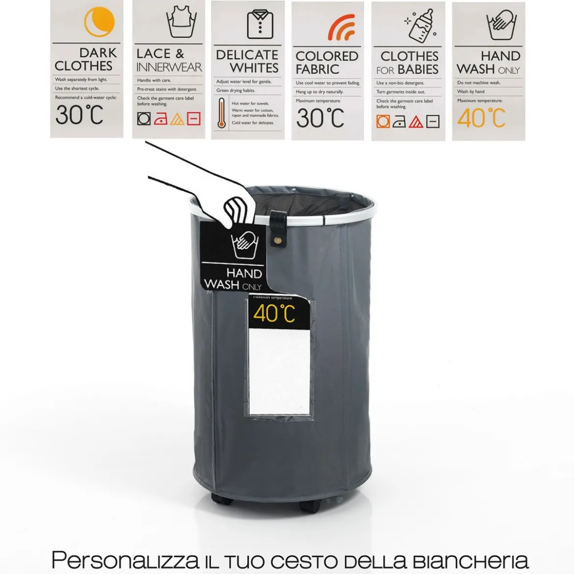 Laundry round cesto porta biancheria con maniglie e ruote in tessuto sintetico grigio chiaro d40xh65 cm