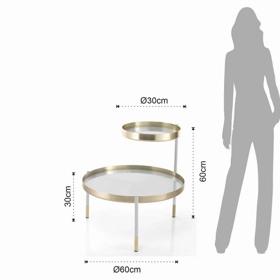 Lincoln tavolino piani girevoli in metallo finitura oro opaco e bianco opaco piani in vetro bianco coprente 60-90x60 cm