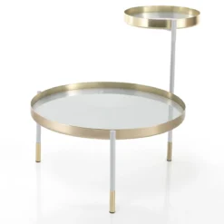 Lincoln tavolino piani girevoli in metallo finitura oro opaco e bianco opaco piani in vetro bianco coprente 60-90x60 cm