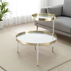 Lincoln tavolino piani girevoli in metallo finitura oro opaco e bianco opaco piani in vetro bianco coprente 60-90x60 cm