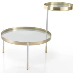 Lincoln tavolino piani girevoli in metallo finitura oro opaco e bianco opaco piani in vetro bianco coprente 60-90x60 cm