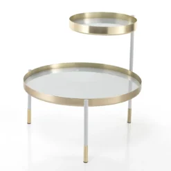 Lincoln tavolino piani girevoli in metallo finitura oro opaco e bianco opaco piani in vetro bianco coprente 60-90x60 cm