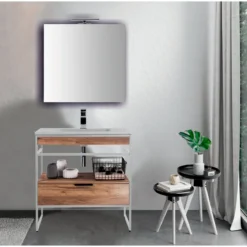 Loom-a wood mobile bagno 80 in acciaio bianco opaco con lavello e cestone finitura rovere 80x46xh84 cm