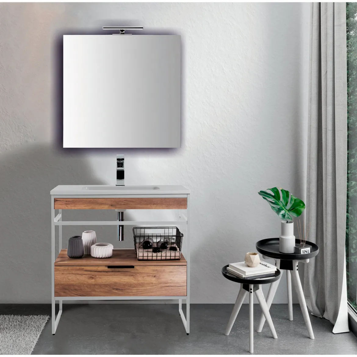 Loom-a wood mobile bagno 80 in acciaio bianco opaco con lavello e cestone finitura rovere 80x46xh84 cm