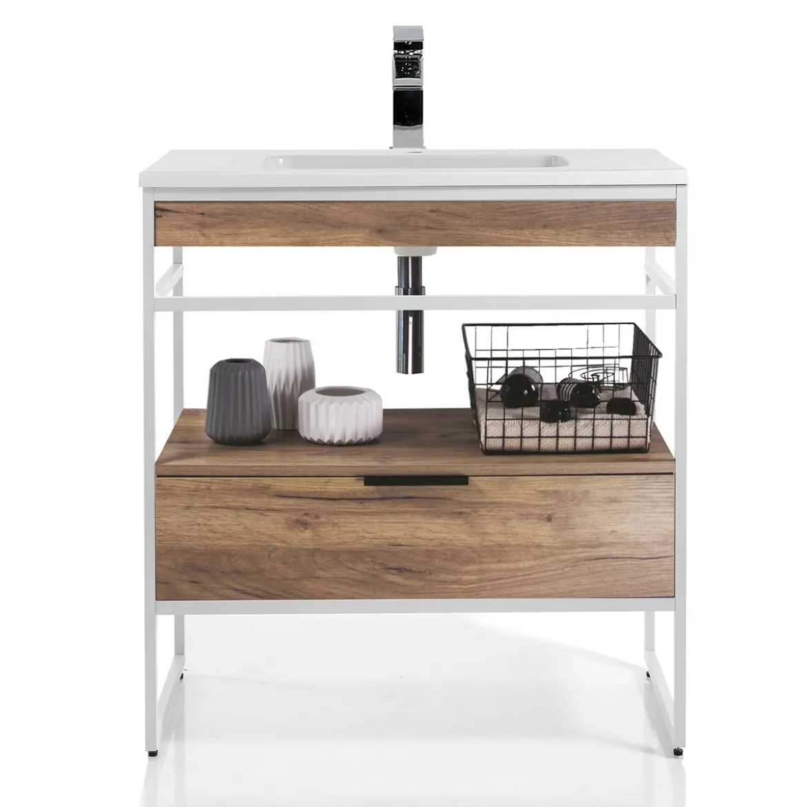 Loom-a wood mobile bagno 80 in acciaio bianco opaco con lavello e cestone finitura rovere 80x46xh84 cm