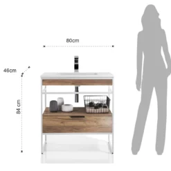 Loom-a wood mobile bagno 80 in acciaio bianco opaco con lavello e cestone finitura rovere 80x46xh84 cm