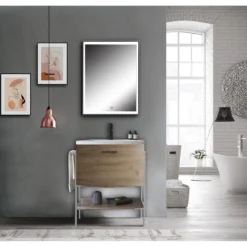 Loom-c wood mobile bagno in acciaio verniciato bianco opaco con lavello e cestone finitura rovere 75x46xh86 cm