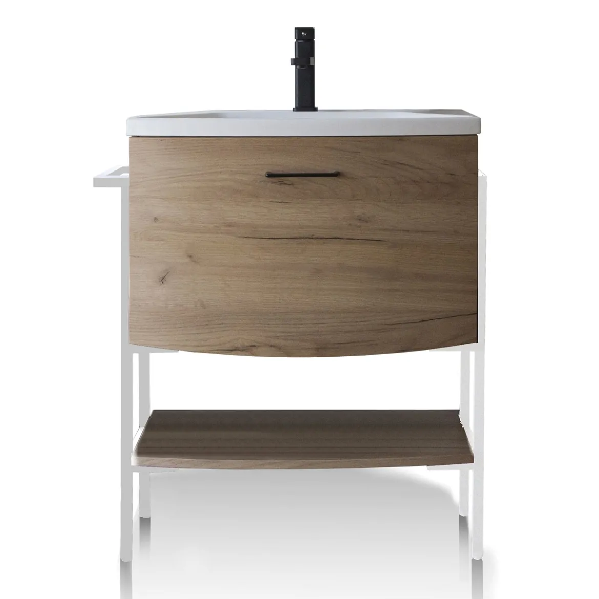 Loom-c wood mobile bagno in acciaio verniciato bianco opaco con lavello e cestone finitura rovere 75x46xh86 cm