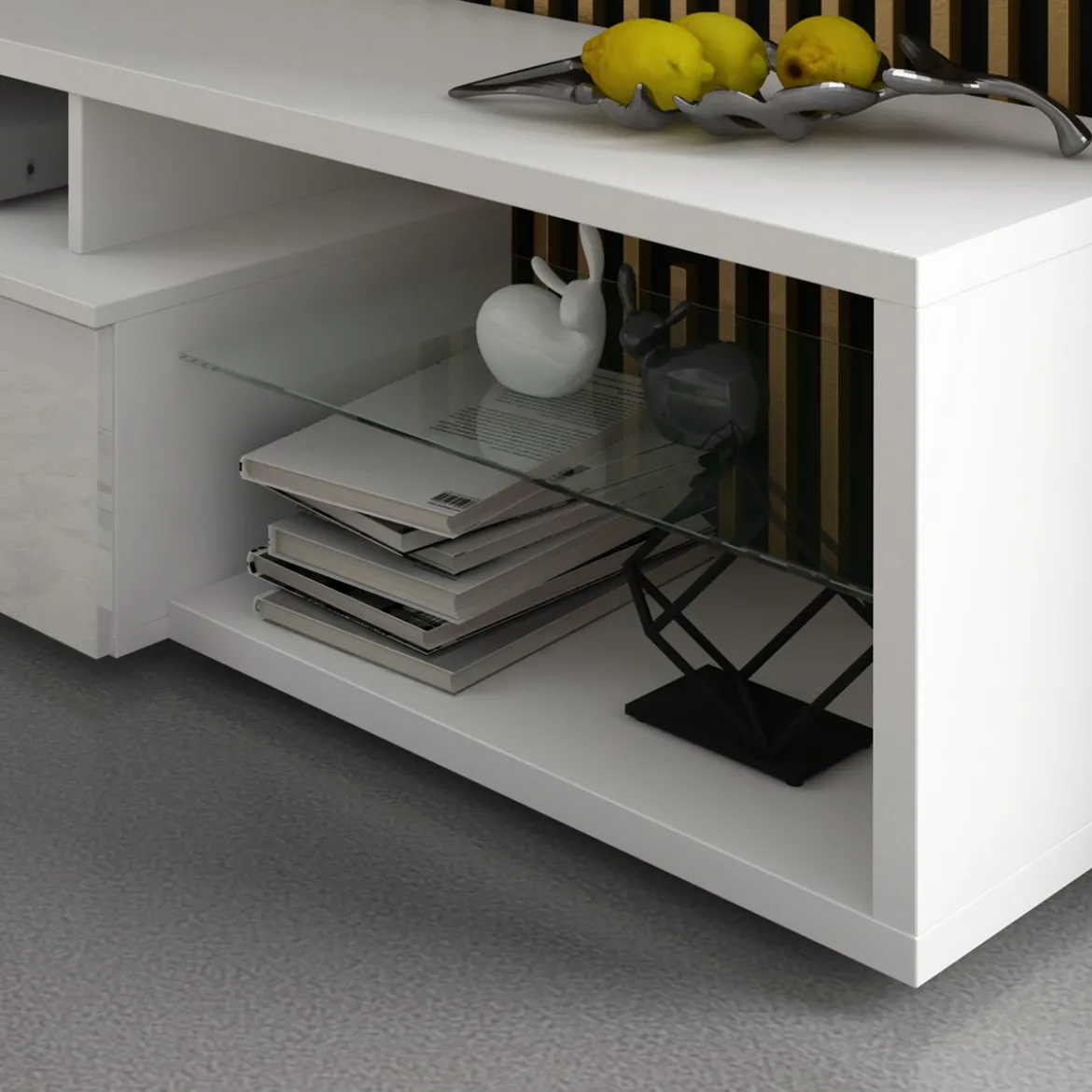 Luky-b mobile porta tv bianco opaco con anta a ribalta laccata bianco lucido 160x38xh41 cm