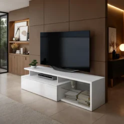 Luky-b mobile porta tv bianco opaco con anta a ribalta laccata bianco lucido 160x38xh41 cm