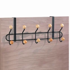 Macallan appendiabiti per porta in acciaio nero opaco e 10 pomelli in legno finitura rovere 45x9.5xh18.5 cm
