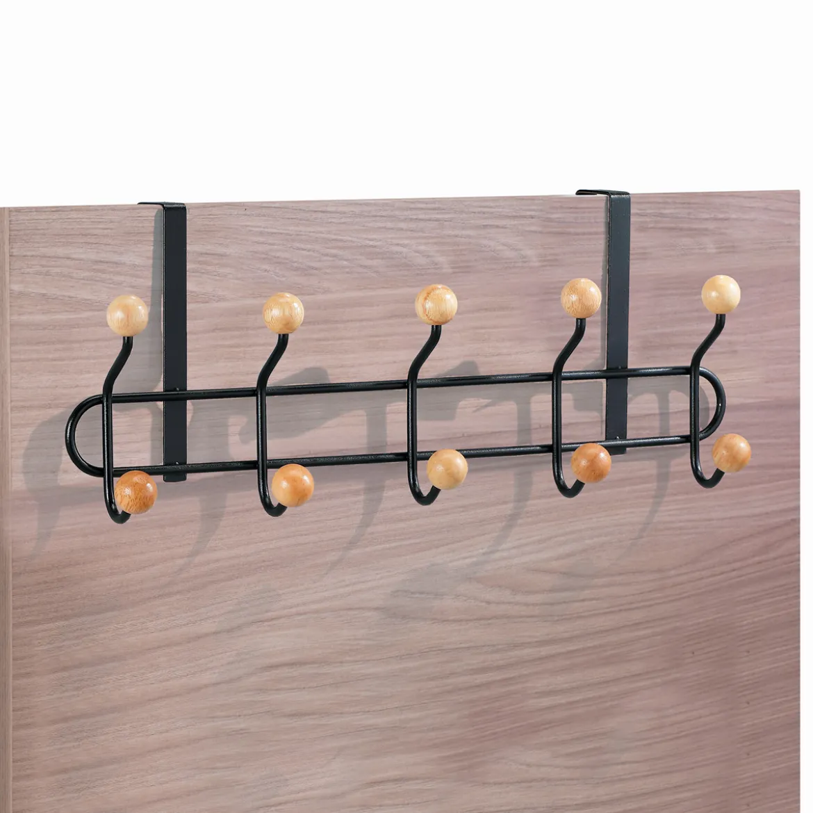 Macallan appendiabiti per porta in acciaio nero opaco e 10 pomelli in legno finitura rovere 45x9.5xh18.5 cm