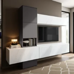 Melany White Marble parete soggiorno attrezzata colonna 3 ante basi sospese pensile melaminico grigio graphite marmo bianco opaco h196 l240 p50