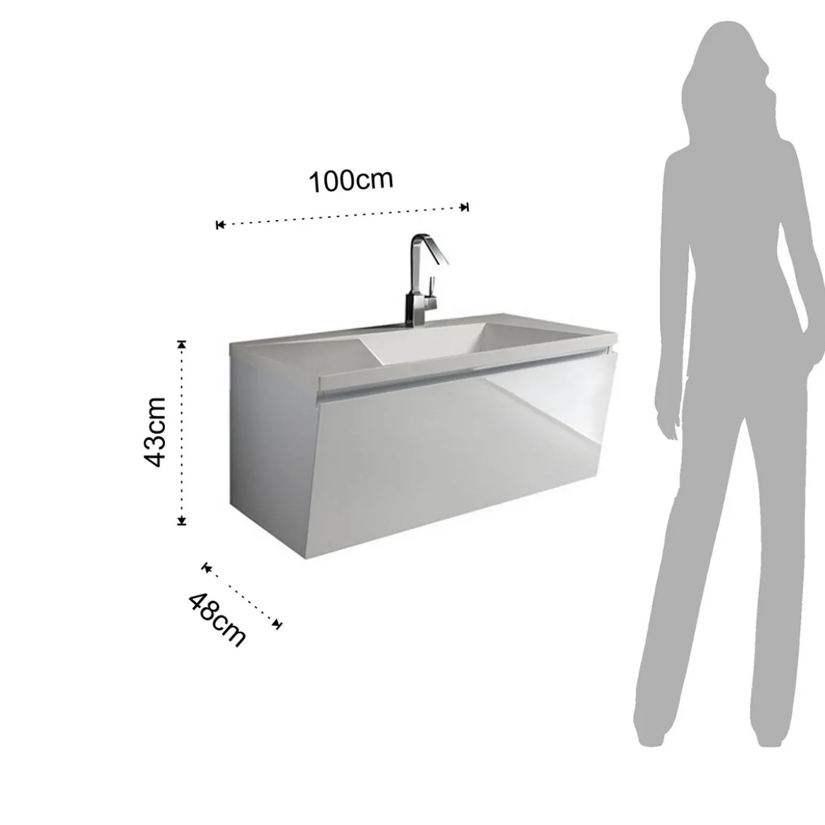 Mobile bagno con base 100 sospesa lavello bianco lucido con lavello e cestone 100x48xh43 cm