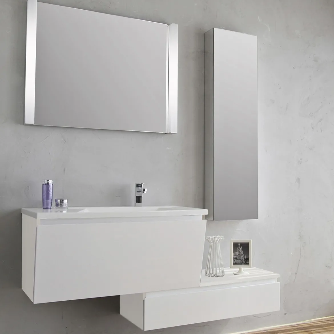 Mobile bagno con base 100 sospesa lavello bianco lucido con lavello e cestone 100x48xh43 cm