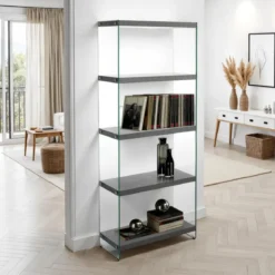 Nancy 75 cement libreria 5 in vetro trasparente e finitura cemento 70x29.5xh170 cm