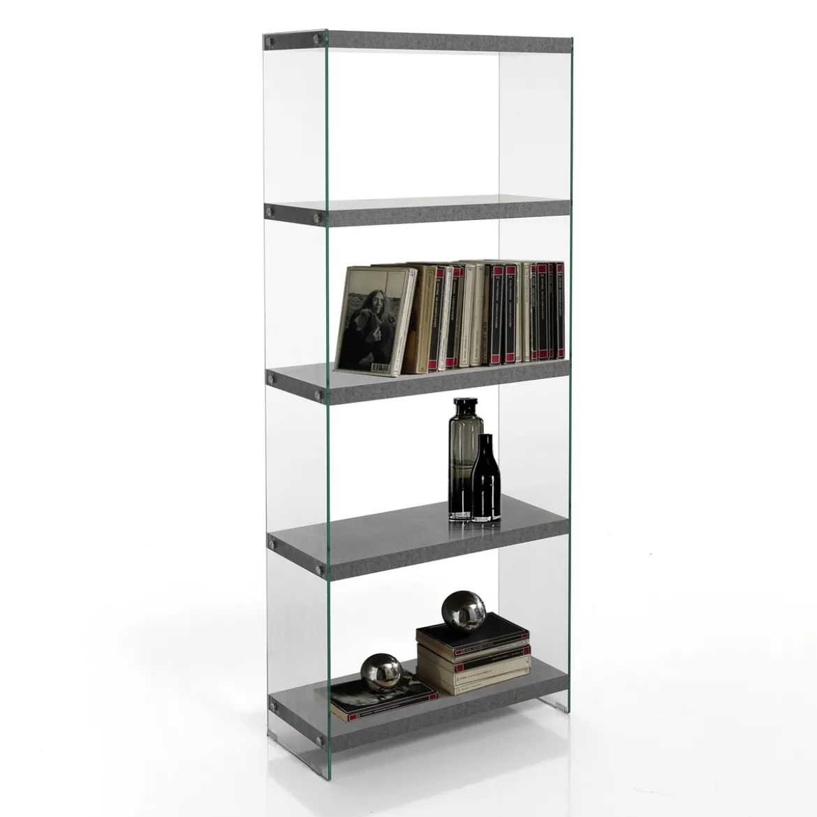 Nancy 75 cement libreria 5 in vetro trasparente e finitura cemento 70x29.5xh170 cm