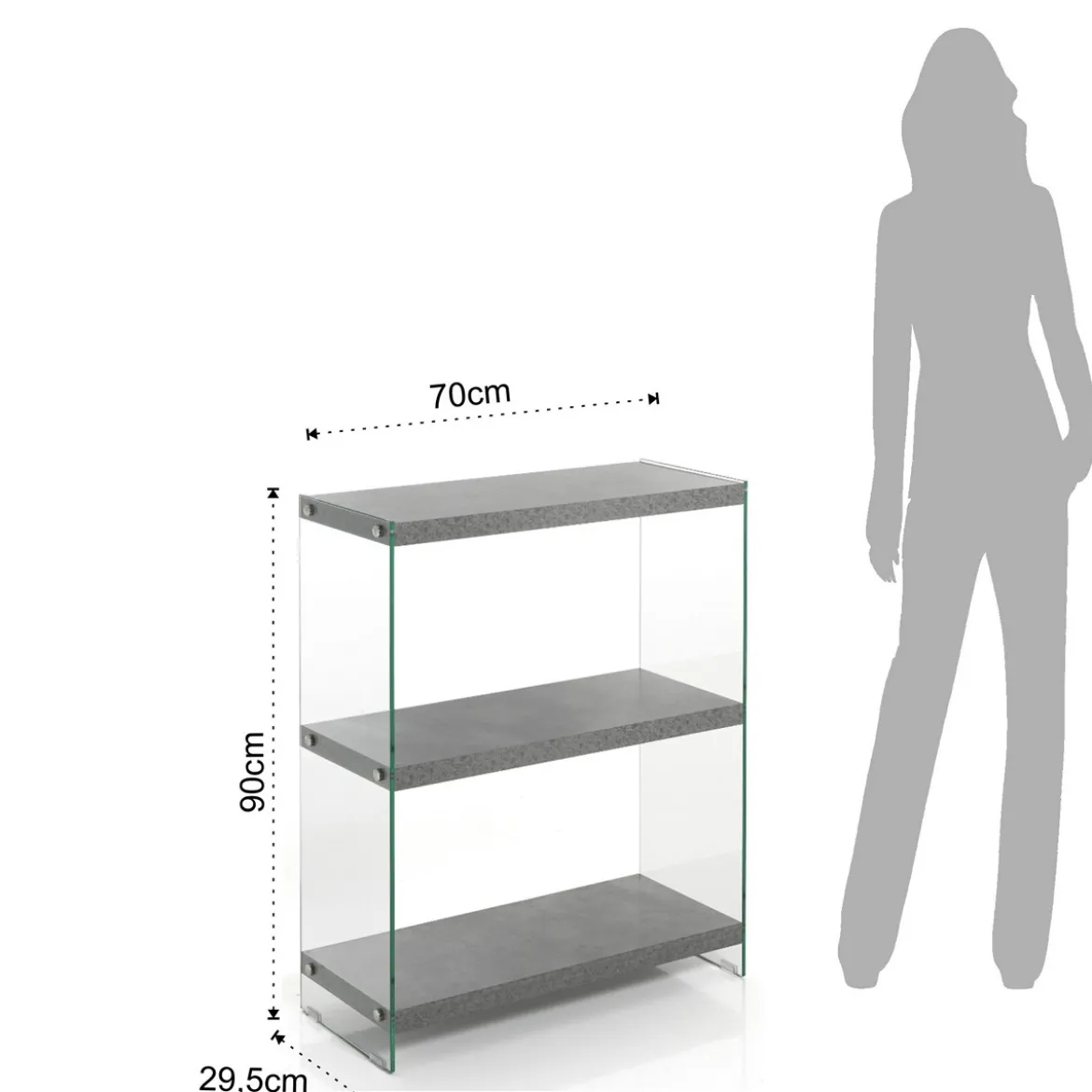 Nancy cement libreria 3 ripiani in vetro trasparente e finitura cemento 70x29.5xh90 cm