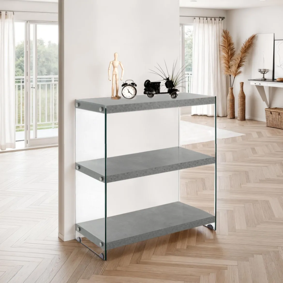 Nancy cement libreria 3 ripiani in vetro trasparente e finitura cemento 70x29.5xh90 cm