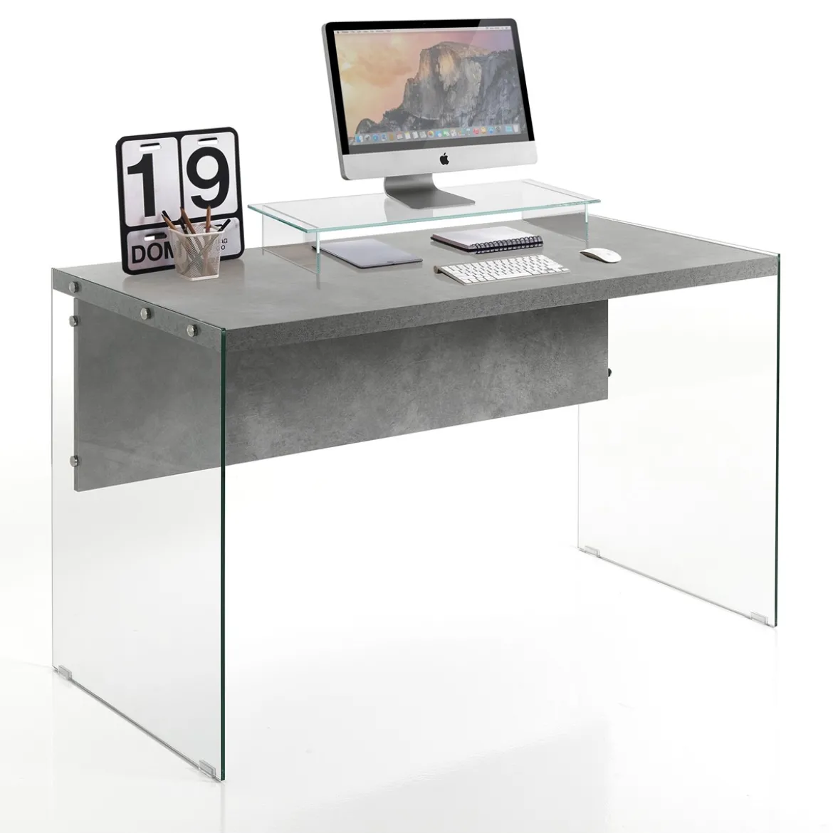 Nancy Cement Scrivania in Vetro trasparente e top finitura Cemento, 120 x 56 x h 75 cm