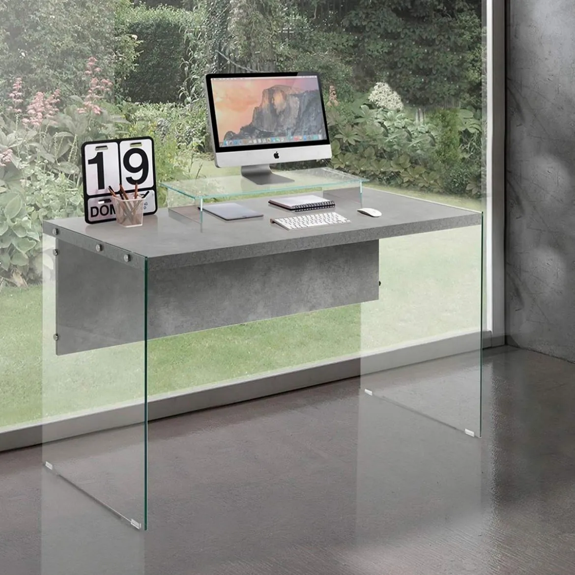 Nancy Cement Scrivania in Vetro trasparente e top finitura Cemento, 120 x 56 x h 75 cm