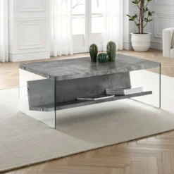 Nancy cement tavolino / porta riviste vetro trasparente e mdf finitura cemento cm h425 l110 p60