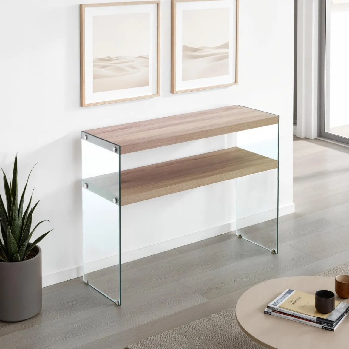 Nancy consolle vetro trasparente ripiano e top finitura rovere 100x35xh75 cm