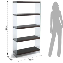 Nancy 75 Dark Wood libreria 5 ripiani noce scuro vetro trasparente temprato h159 l75 p29,5