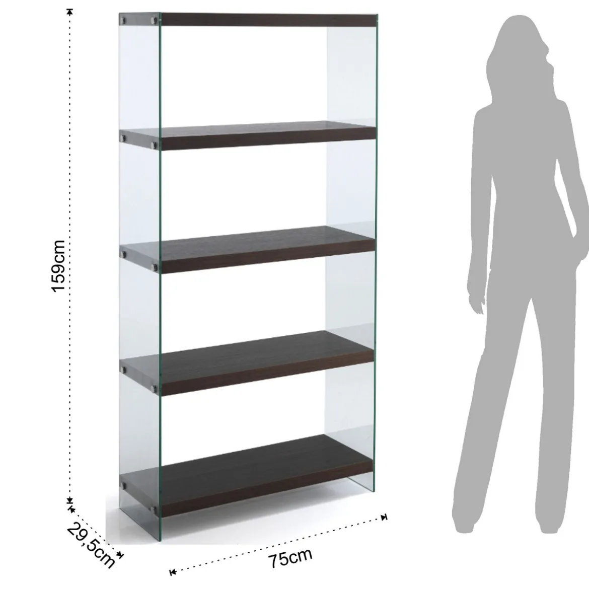 Nancy 75 Dark Wood libreria 5 ripiani noce scuro vetro trasparente temprato h159 l75 p29,5