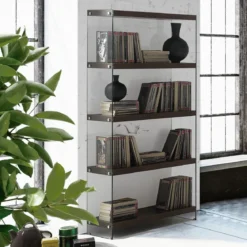 Nancy 75 Dark Wood libreria 5 ripiani noce scuro vetro trasparente temprato h159 l75 p29,5