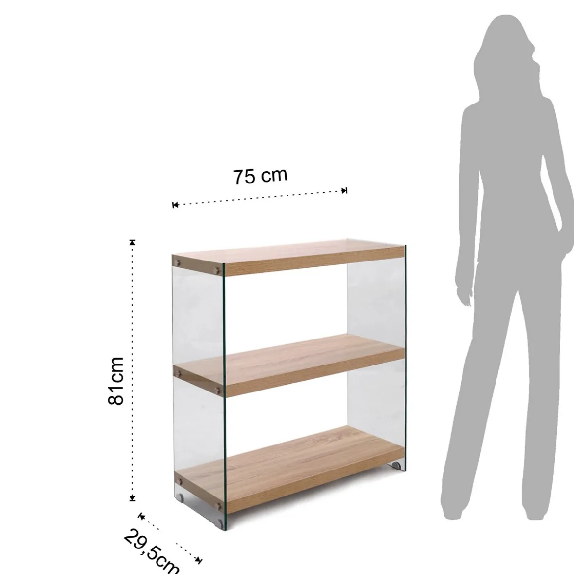 Nancy 75 libreria 3 ripiani in vetro trasparente e finitura rovere 75x29.5xh81 cm