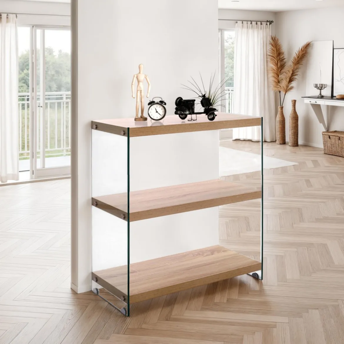 Nancy 75 libreria 3 ripiani in vetro trasparente e finitura rovere 75x29.5xh81 cm