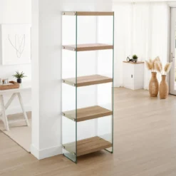 Nancy 45 libreria 5 ripiani in vetro trasparente e finitura rovere 49x29.5xh159 cm