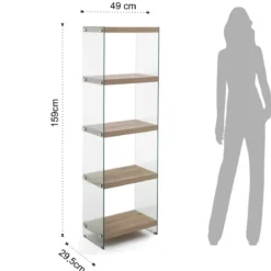 Nancy 45 libreria 5 ripiani in vetro trasparente e finitura rovere 49x29.5xh159 cm