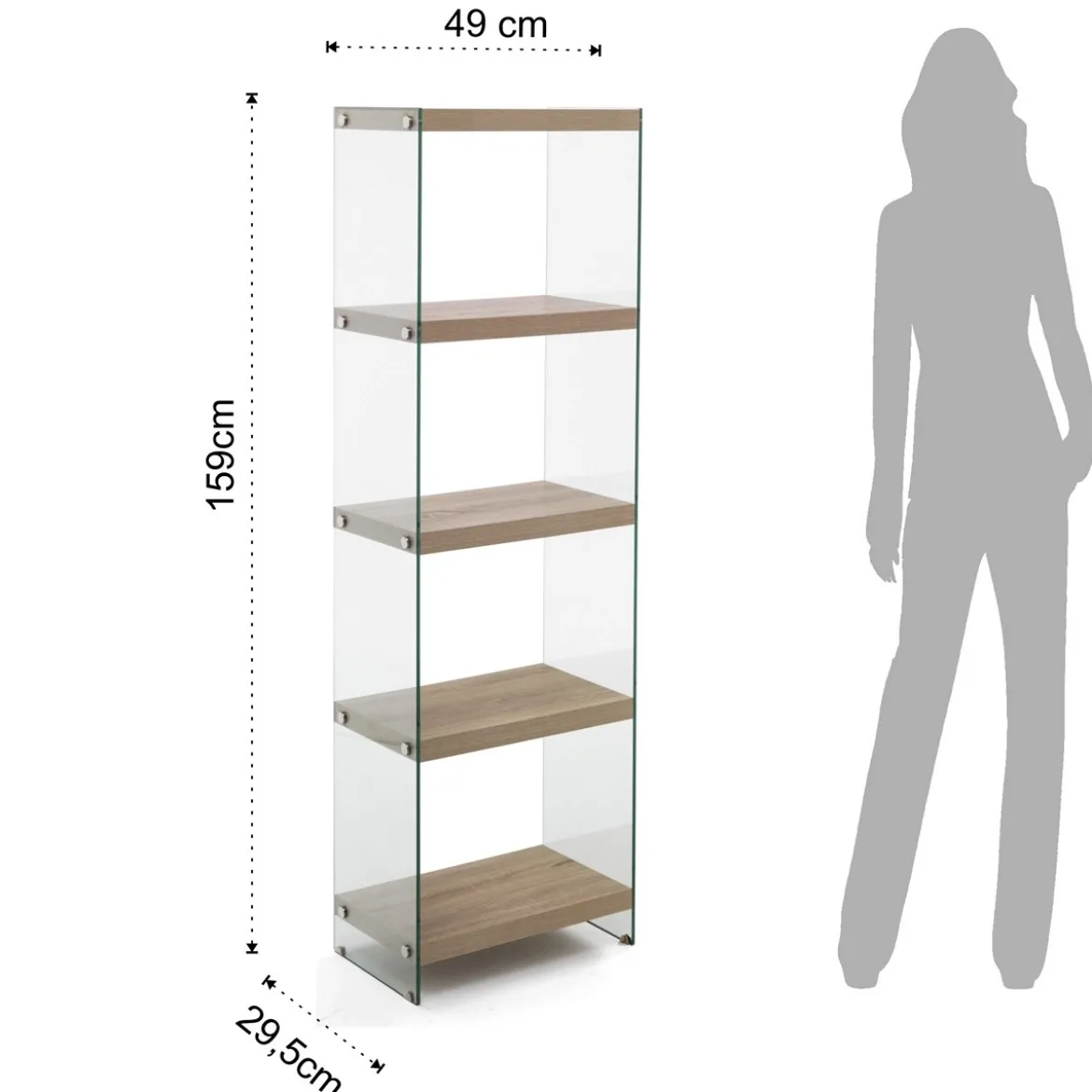 Nancy 45 libreria 5 ripiani in vetro trasparente e finitura rovere 49x29.5xh159 cm