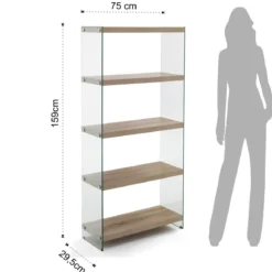 Nancy 75 libreria 5 ripiani in vetro trasparente e finitura rovere 75x29.5xh159 cm