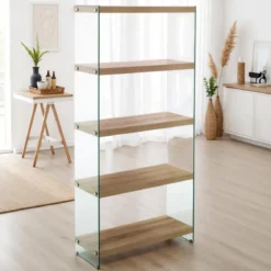Nancy 75 libreria 5 ripiani in vetro trasparente e finitura rovere 75x29.5xh159 cm