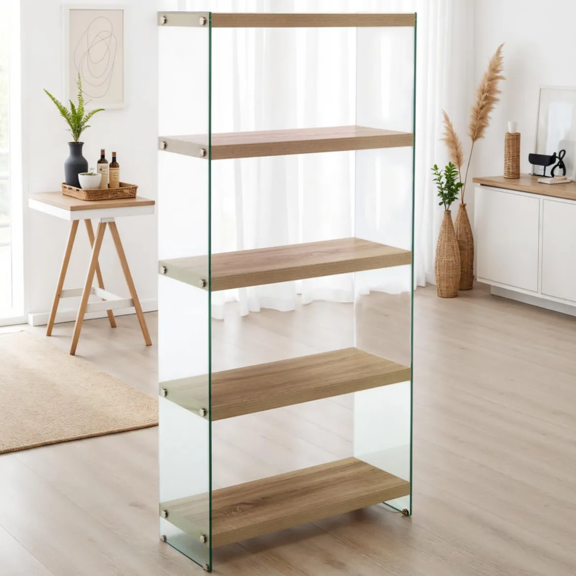 Nancy 75 libreria 5 ripiani in vetro trasparente e finitura rovere 75x29.5xh159 cm