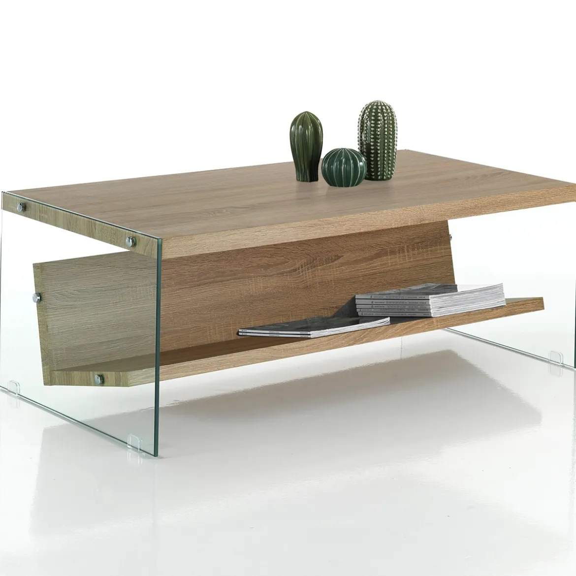 Nancy wood tavolino / porta riviste vetro trasparente e mdf finitura rovere cm h425 l110 p60