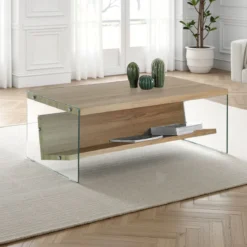 Nancy wood tavolino / porta riviste vetro trasparente e mdf finitura rovere cm h425 l110 p60