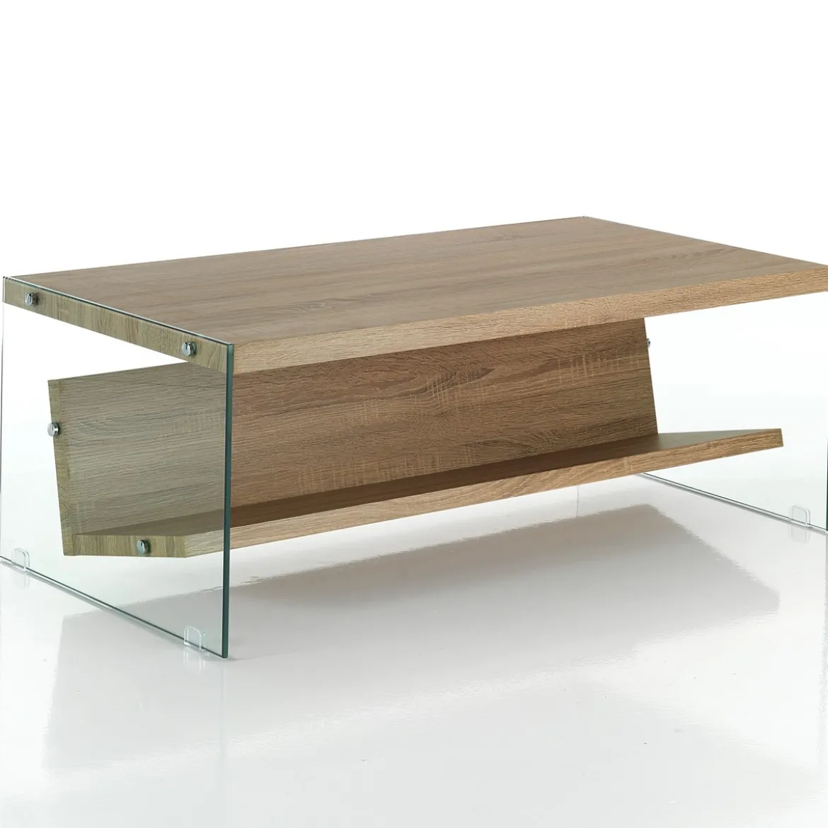 Nancy wood tavolino / porta riviste vetro trasparente e mdf finitura rovere cm h425 l110 p60